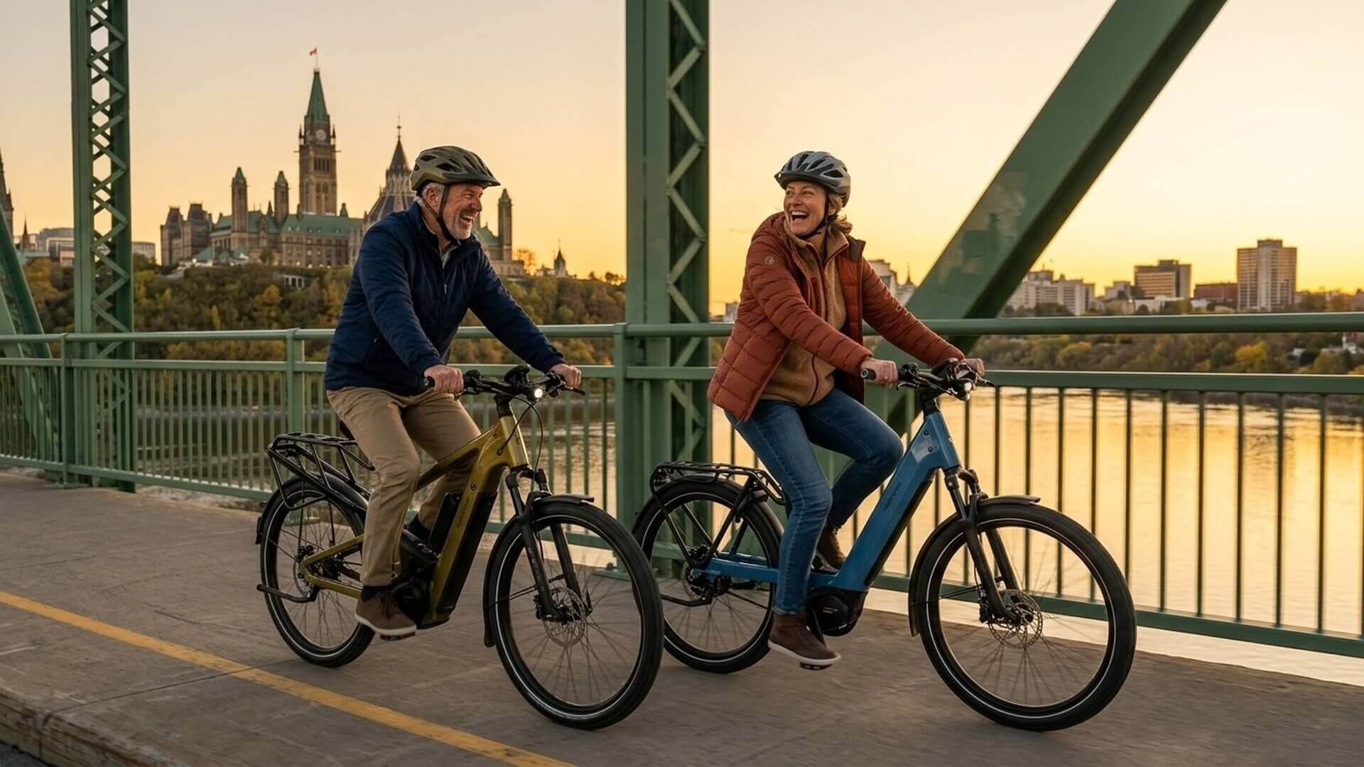 Mature couple smiling and riding electric bikes outdoors in Ottawa and Gatineau, enjoying freedom and effortless cycling on an e-bike.