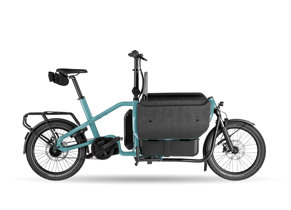 Riese & Müller Carrie2 FAMILY family cargo e-bike in Aqua with Bosch Performance Line PX motor, studio photo
