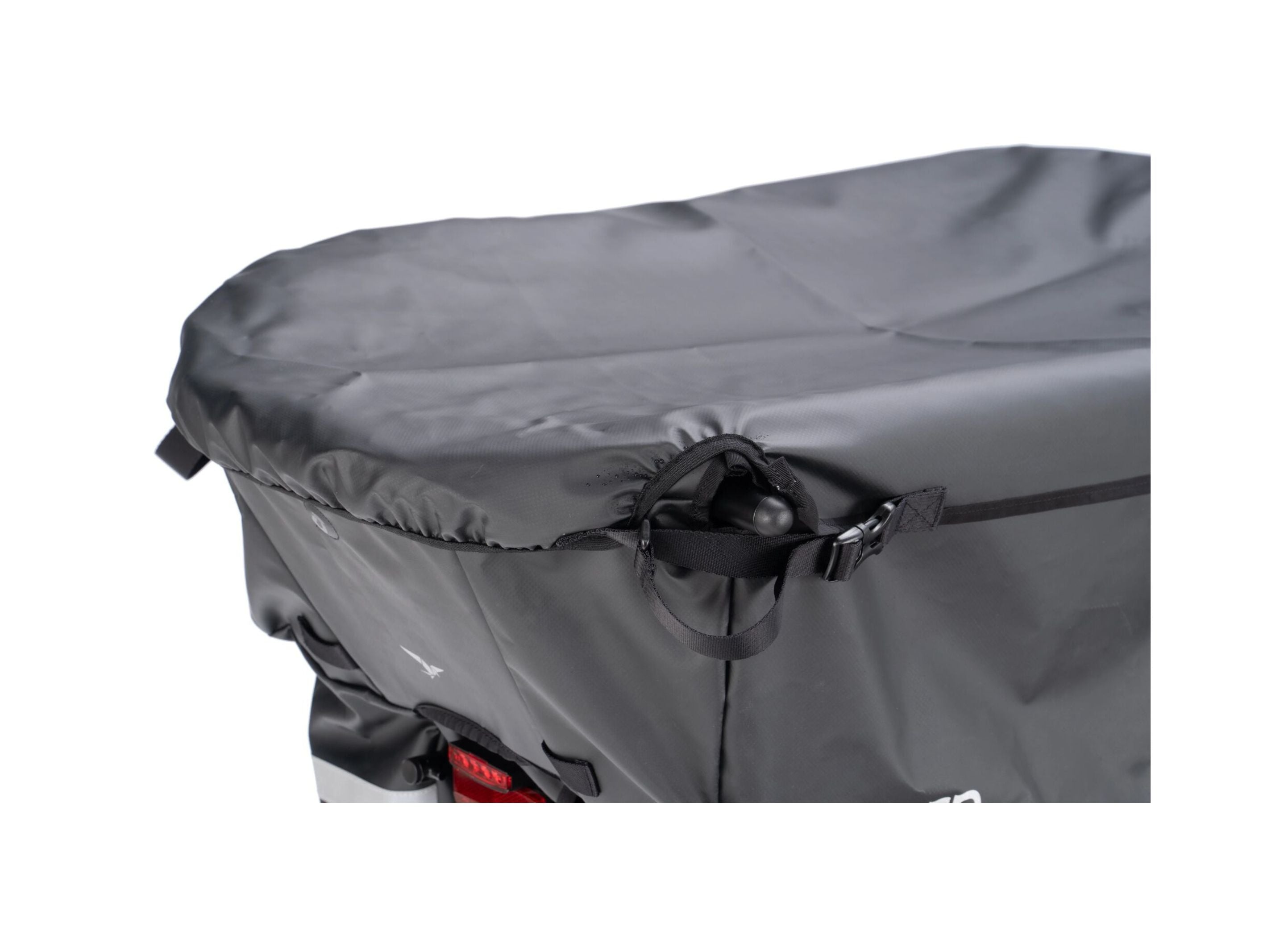 Tern Cargo Lid (Gen 2) waterproof tarpaulin cover fitted over an open Tern Storm Box cargo bucket