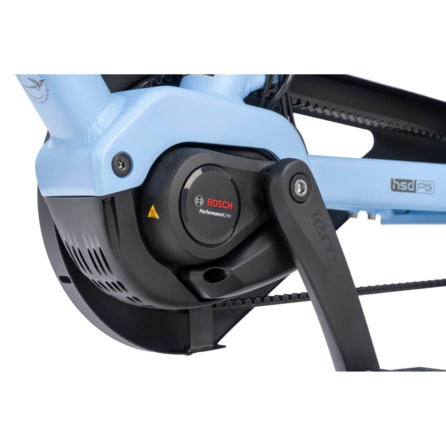 Close-up of the Bosch Performance Line motor on the Tern HSD P5i electric cargo bike.