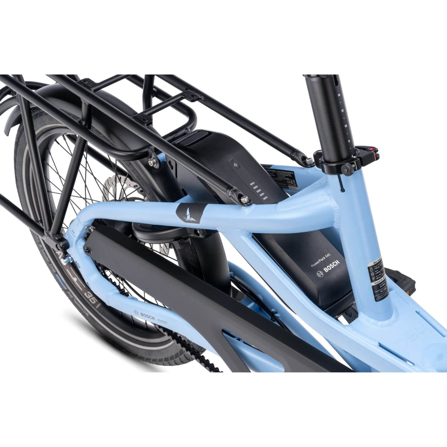 Bosch PowerPack 545 battery mounted above the rear cargo rack on the Tern HSD P5i.