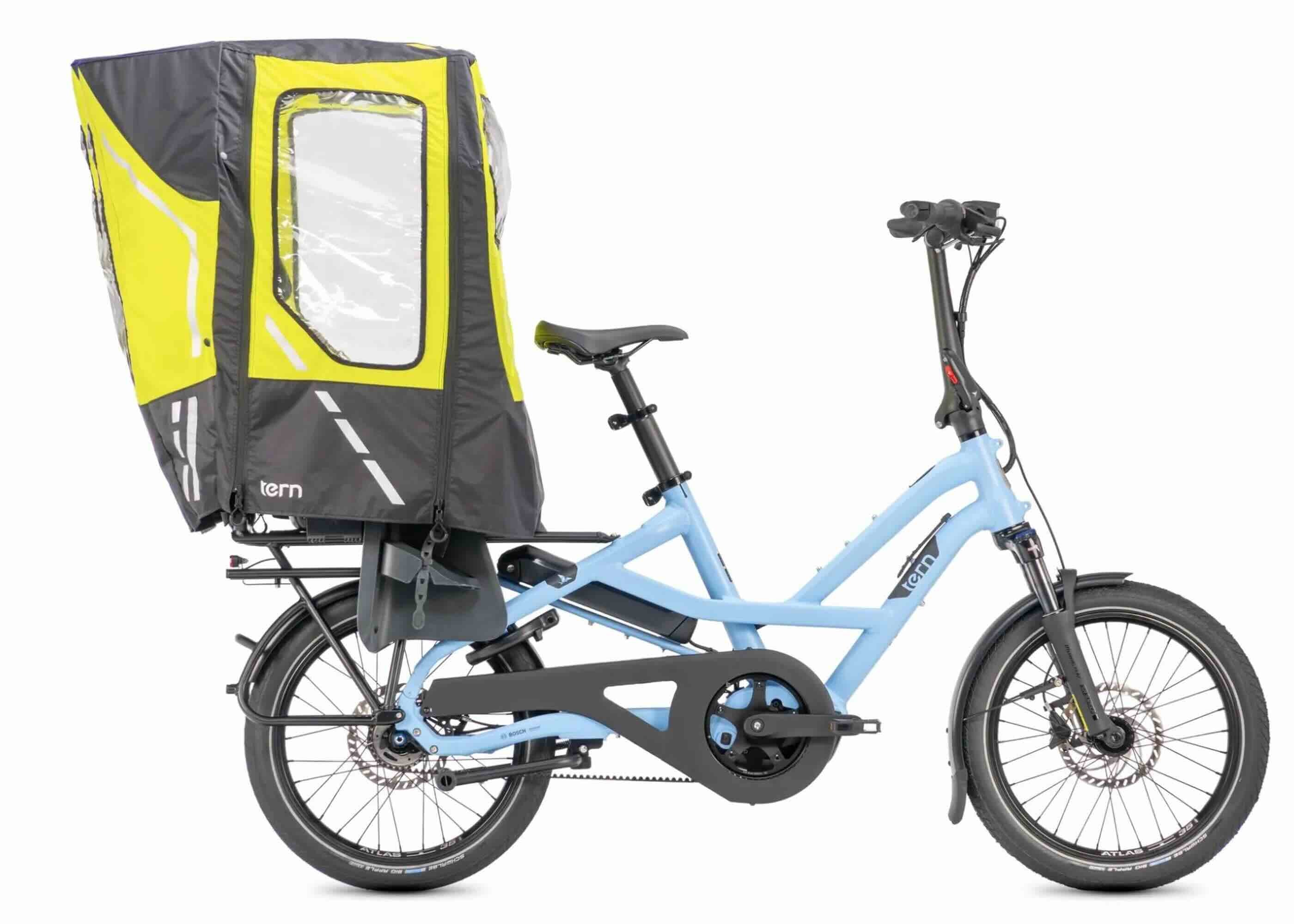 Tern Rain Shield Mini waterproof cover snapped onto a Sun Shield Mini canopy on a Tern cargo e-bike
