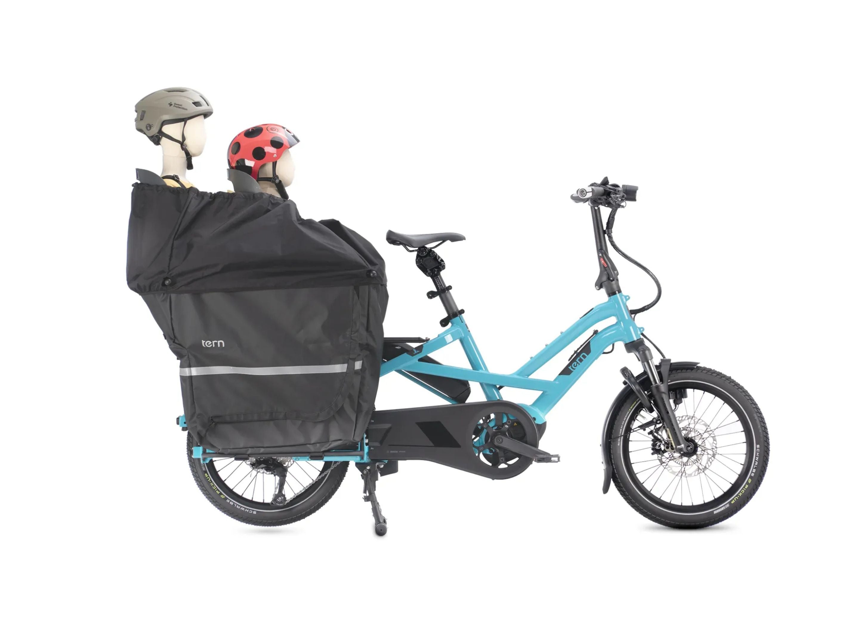 Tern Storm Box (Gen 2) mounted on the rear of a Tern cargo e-bike, shown as a fully enclosed weatherproof bucket