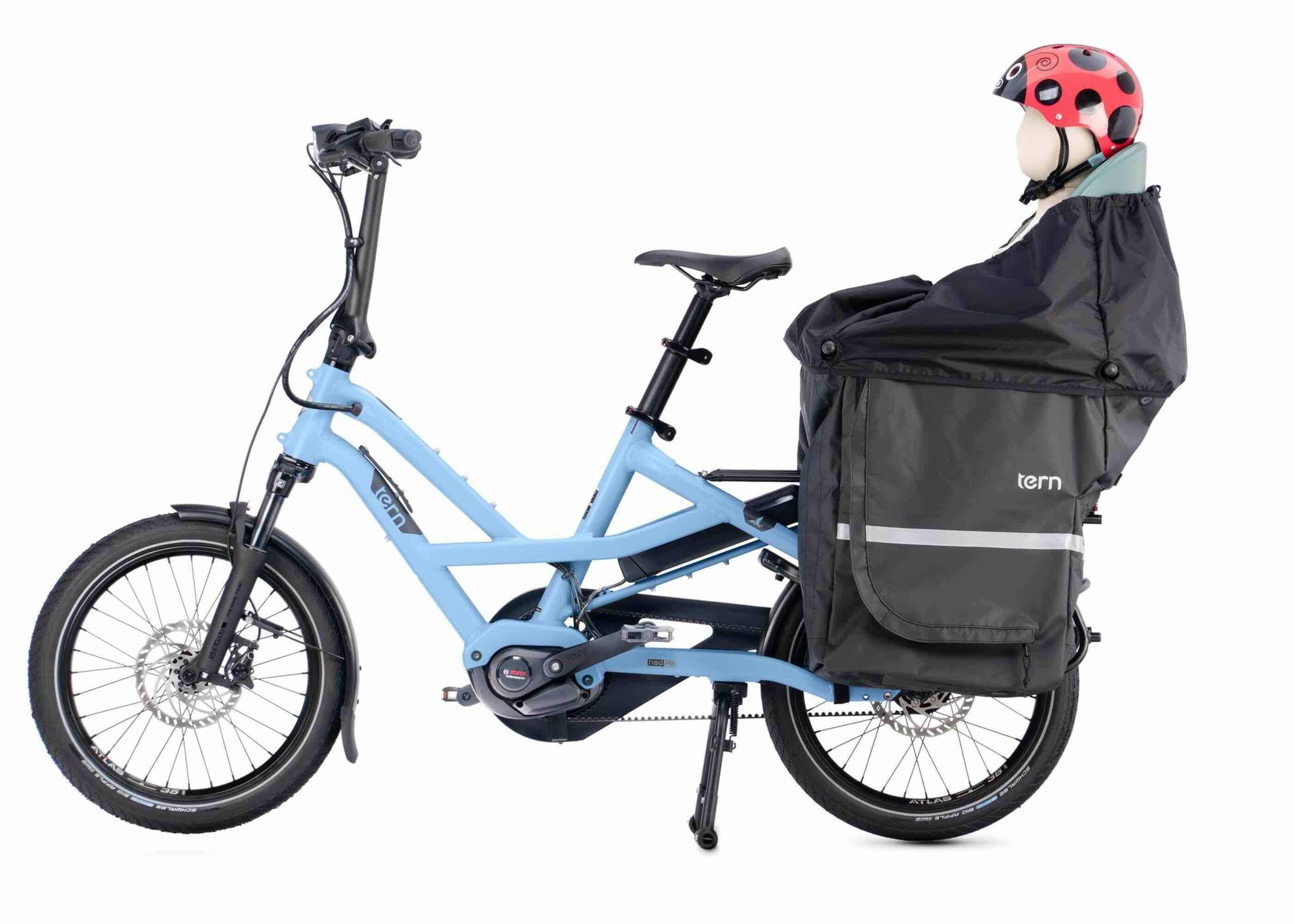 Tern Storm Box Mini (Gen 2) weatherproof cargo box mounted on the rear rack of a Tern cargo e-bike.