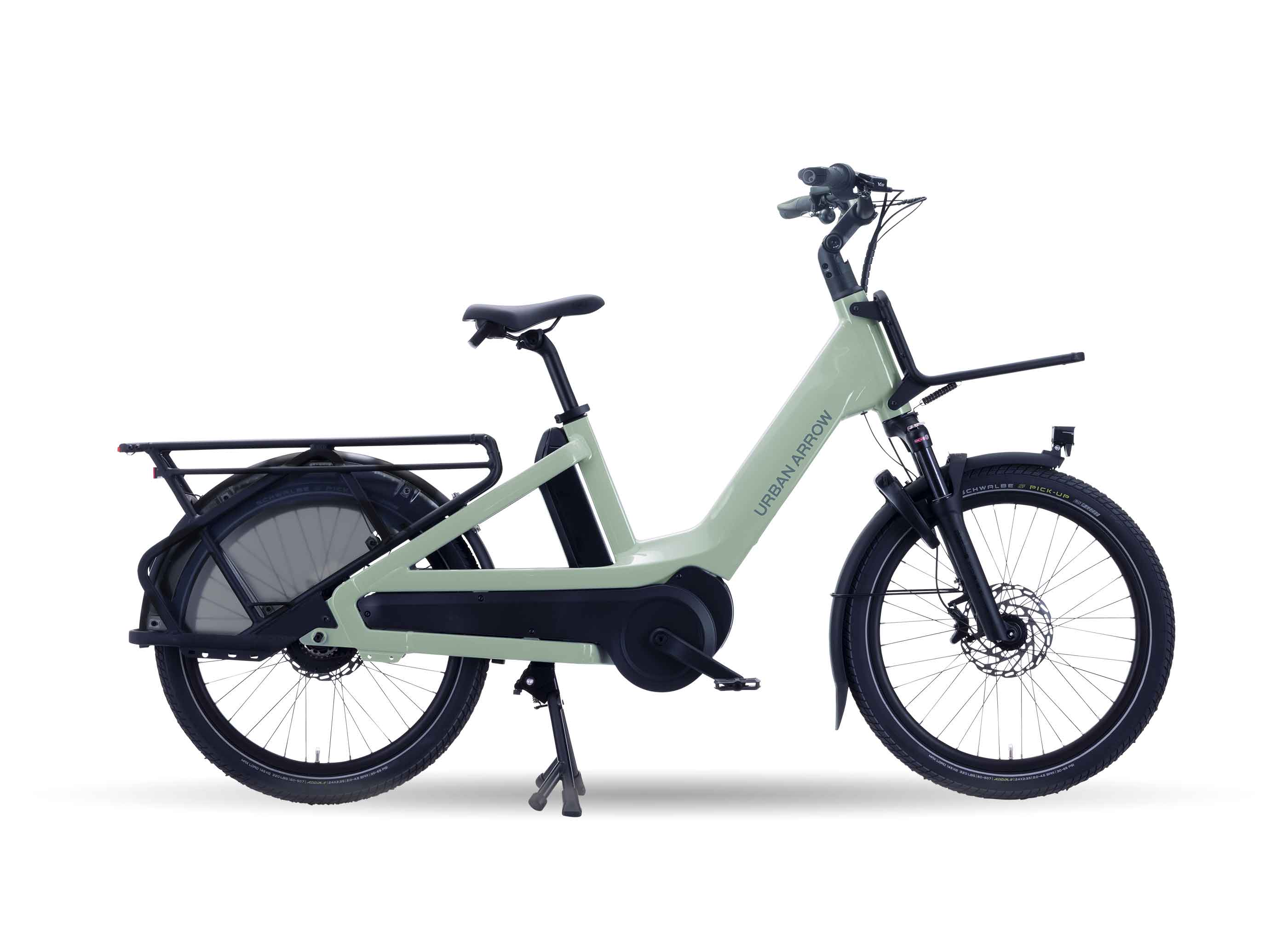 Urban Arrow Breeze compact electric cargo bike in green, shown in full side profile with front and rear cargo racks fitted