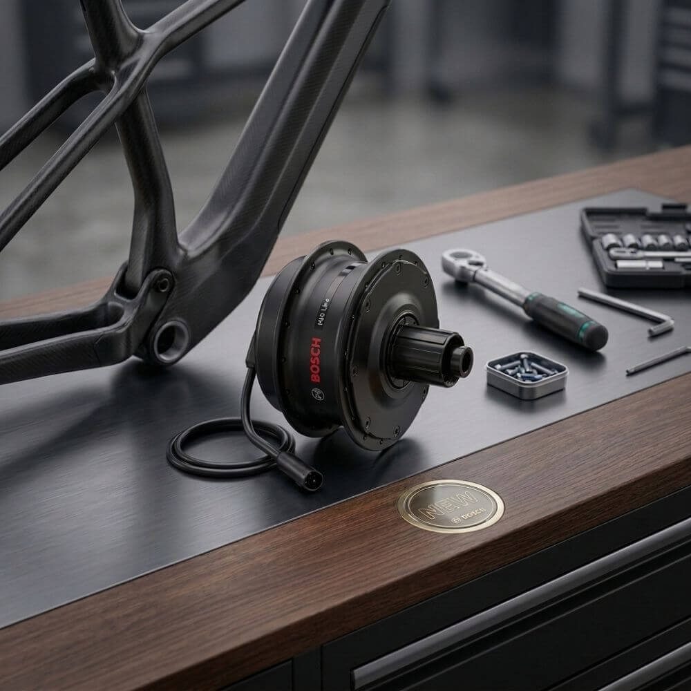 Bosch Hub Line hub motor installed on the rear wheel of a city e-bike, showing the drive unit, disc brake, and cassette