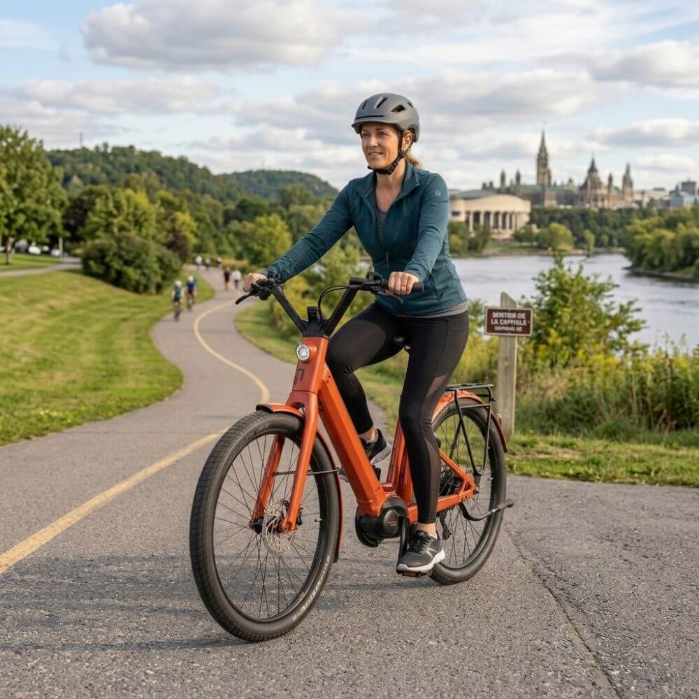 Woman riding a Scooteretti electric bike on a path in Gatineau, Quebec