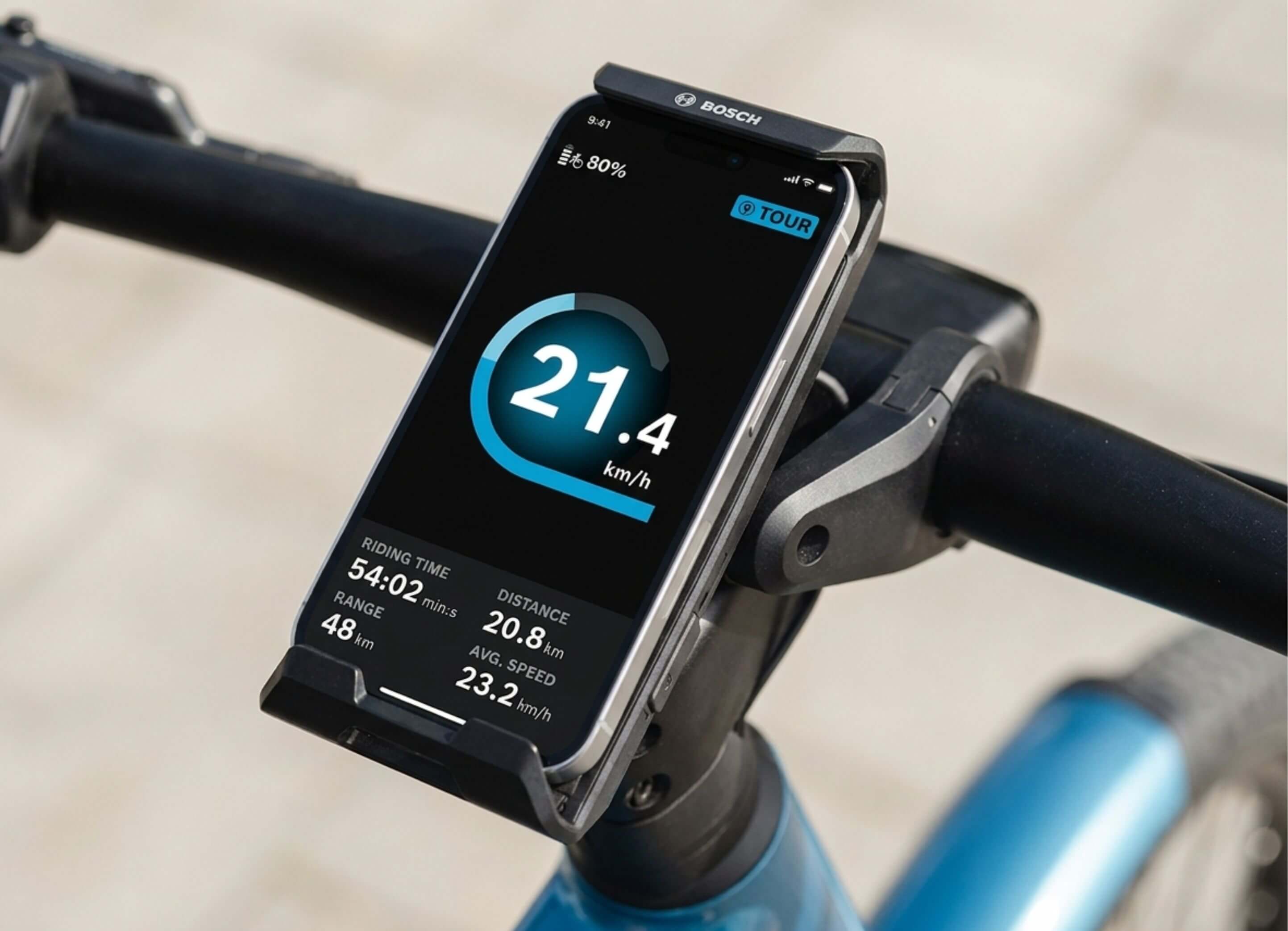 Bosch SmartphoneGrip Vertical securing smartphone to eBike handlebar displaying ride data and navigation