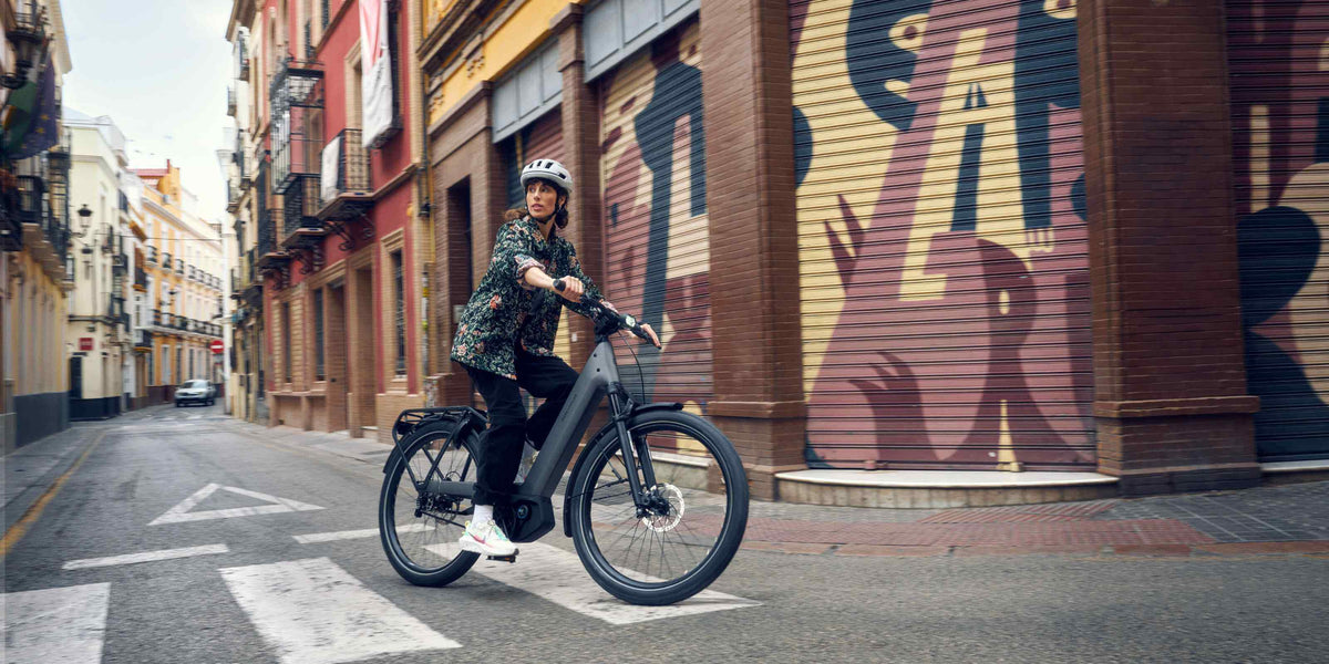 Cycling on a 2027 Riese Muller Nevo5 electric bicycle in the city in Canada