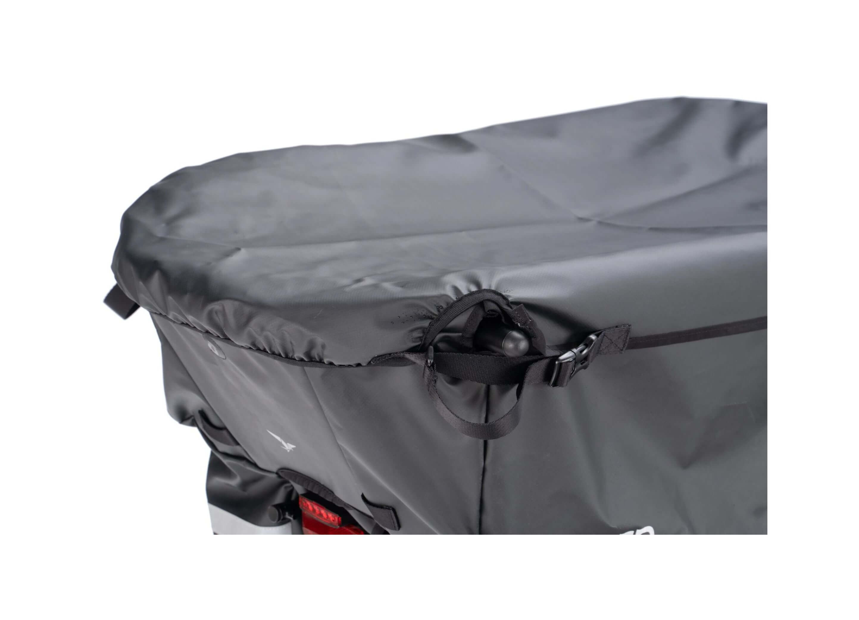 Tern Cargo Lid Mini (Gen 2) waterproof tarpaulin cover fitted over a Tern Storm Box Mini cargo bucket