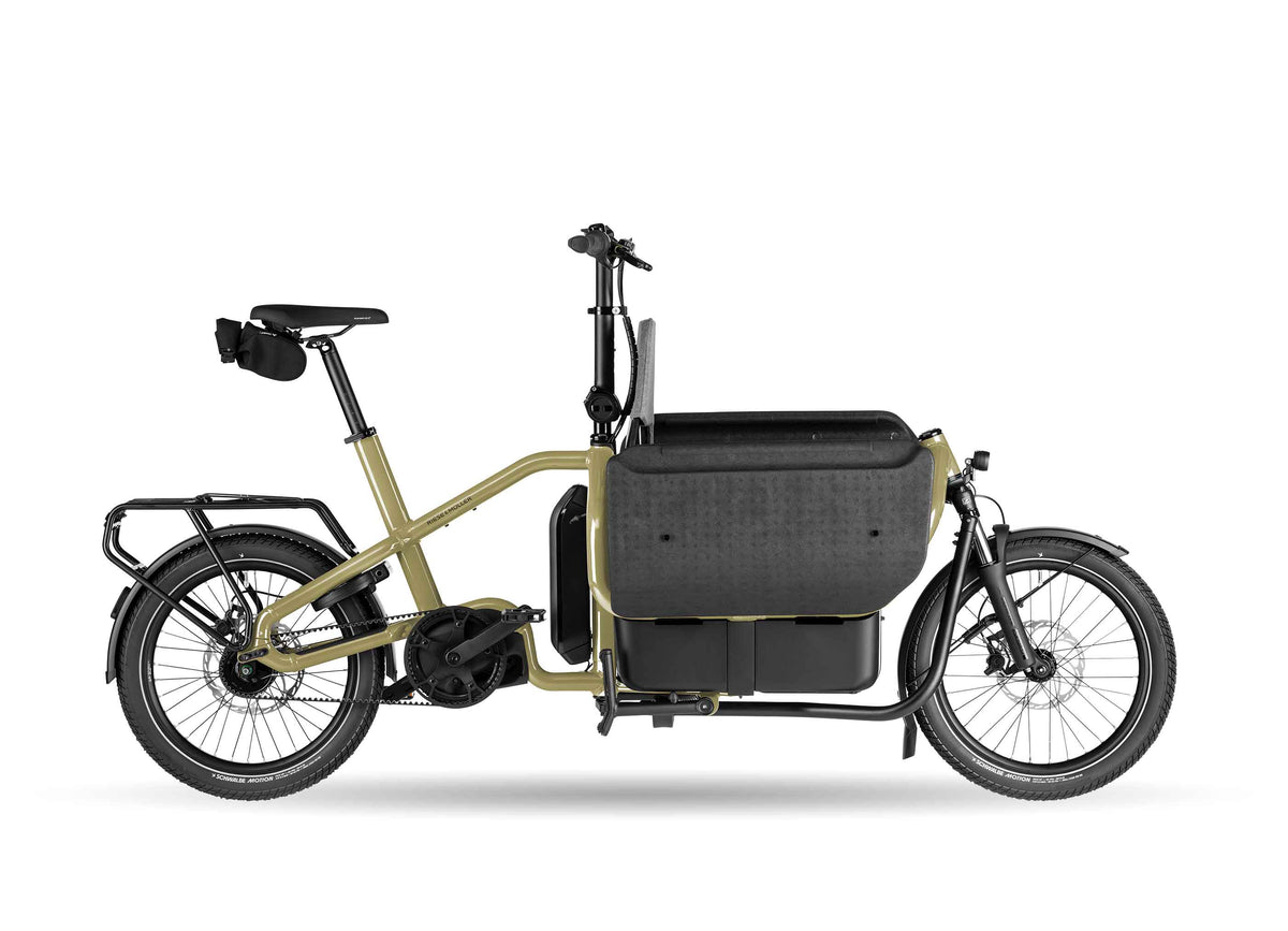Riese & Müller Carrie2 FAMILY electric cargo bike in Anise, studio photo of the front cargo box and low step-through frame