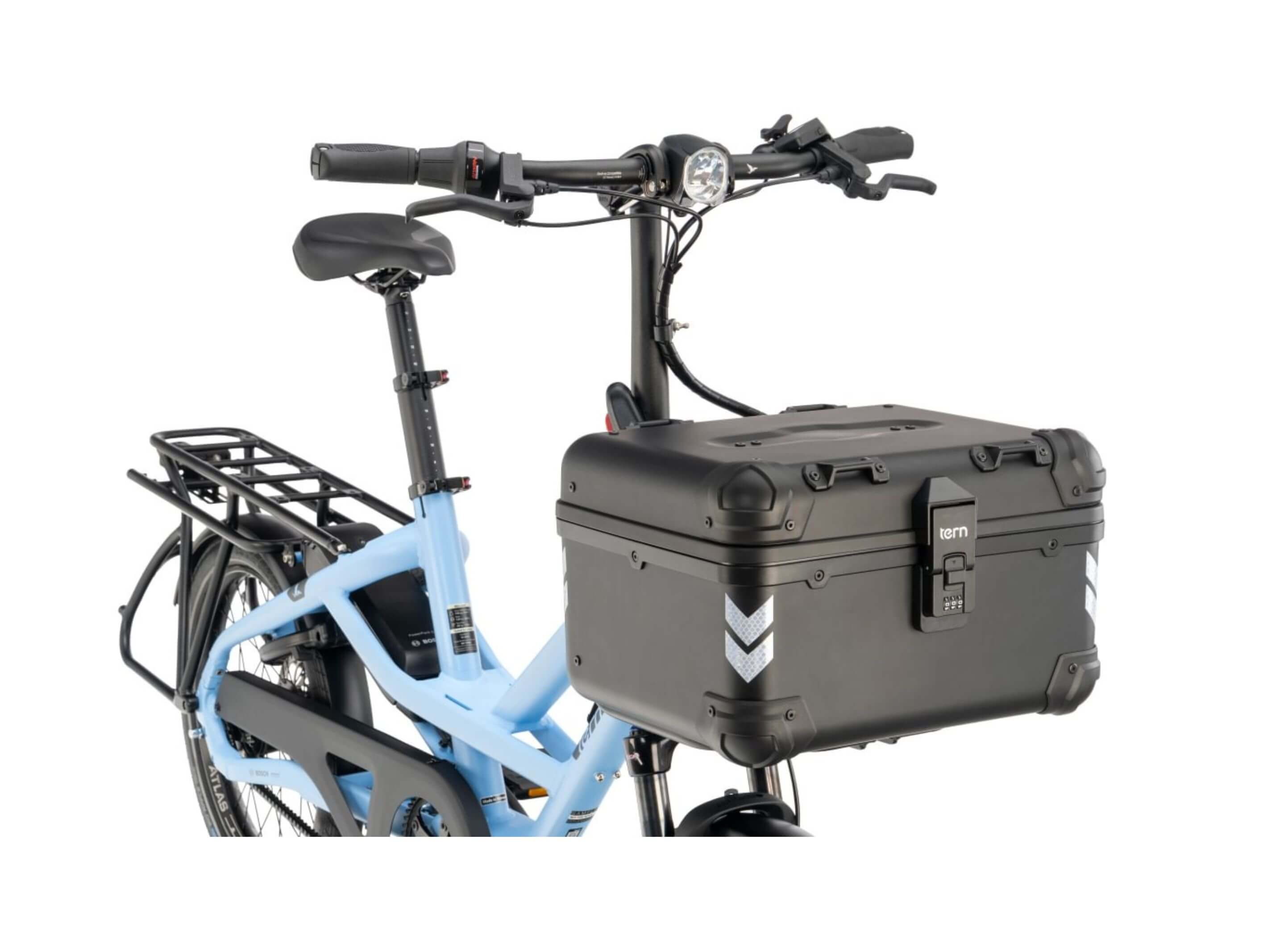 Tern Hardshell Hauler lockable waterproof cargo box mounted on the front of a Tern e-bike via the Combo Mount bracket