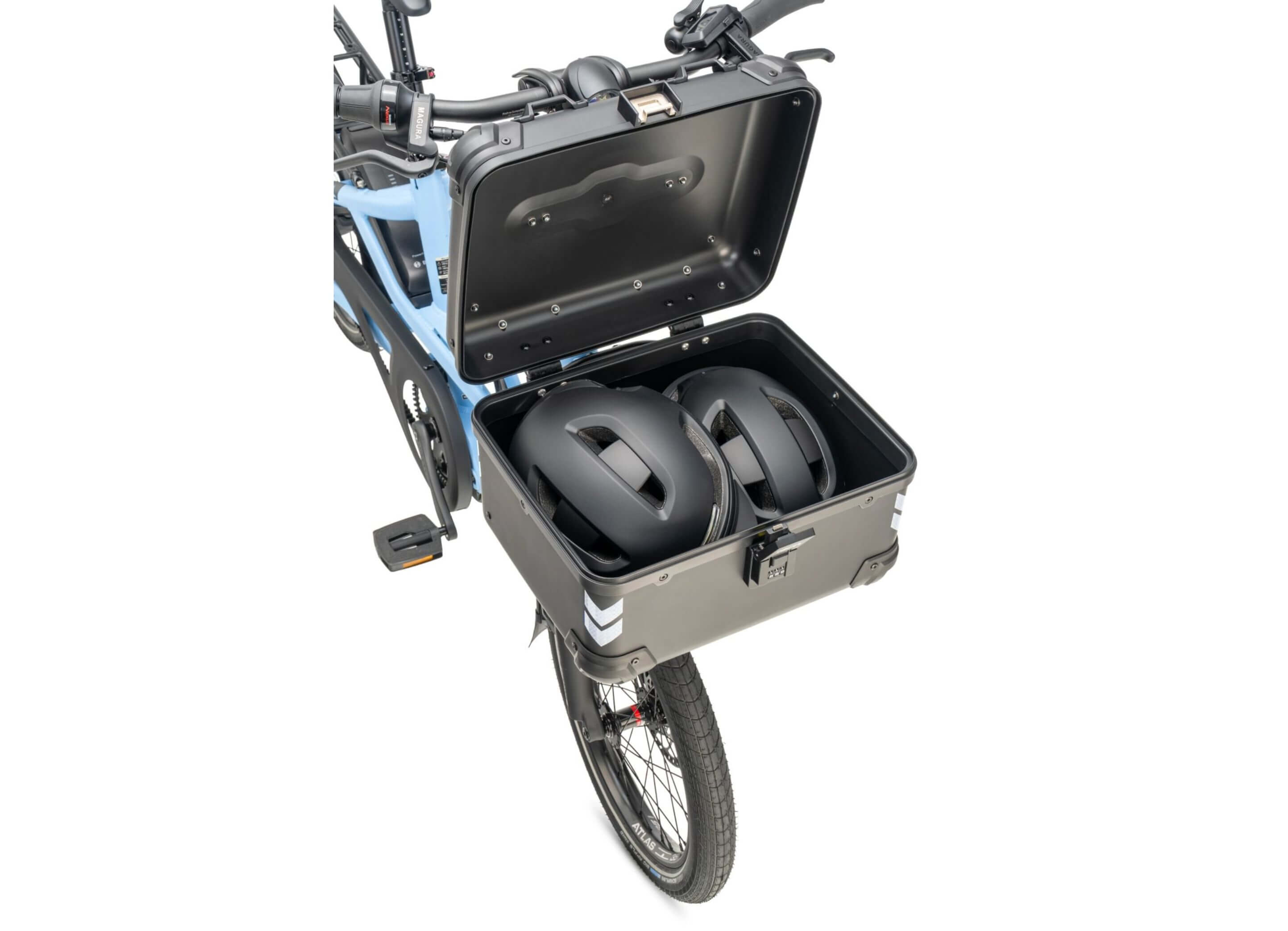 Close-up of the Tern Hardshell Hauler's built-in combination lock and aluminum support bracket