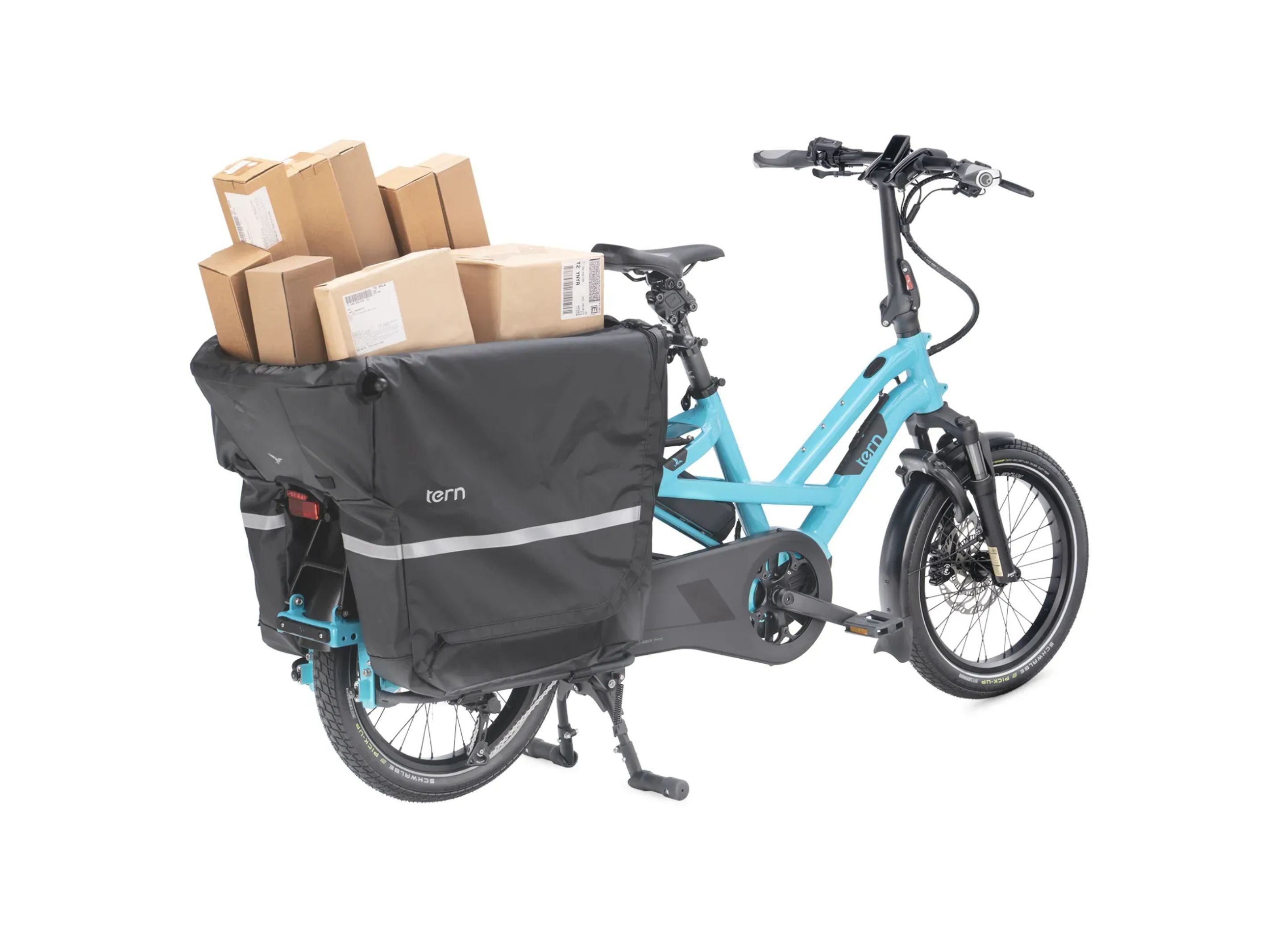 Tern Storm Box (Gen 2) loaded for cargo hauling with the zip lid closed over gear