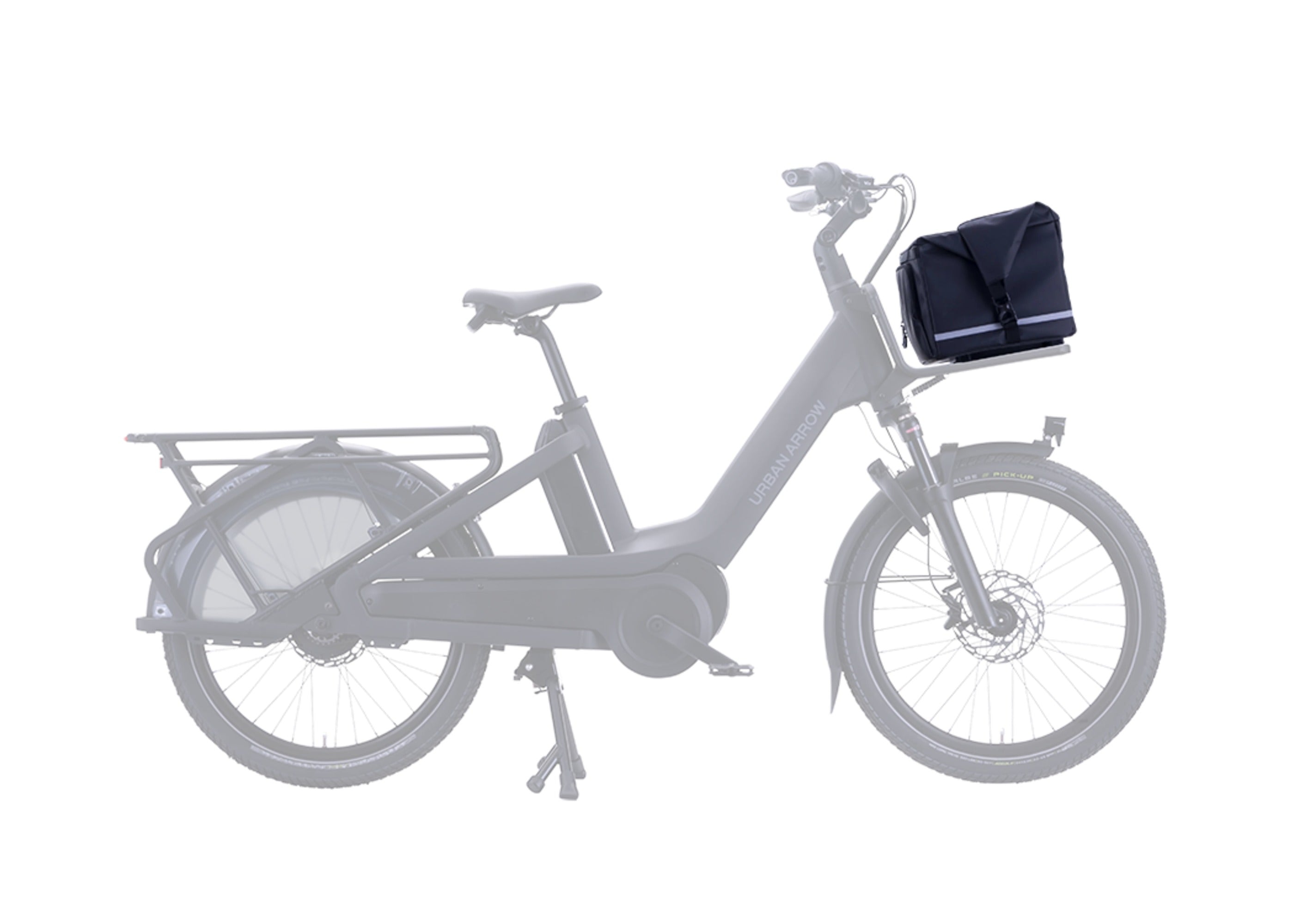 Urban Arrow Breeze Front Carrier Pannier MIK mounted on the Breeze's front carrier, showing the zippered front pocket and reflective safety strip.